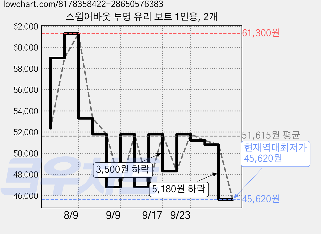 스윔어바웃 투명 유리 보트 1인용, 2개 가격 변동 차트, 현재가 45,620원, 역대최저가
