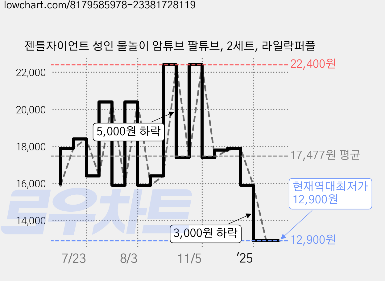 젠틀자이언트 성인 물놀이 암튜브 팔튜브, 2세트, 라일락퍼플 가격 변동 차트, 현재가 12,900원, 역대최저가