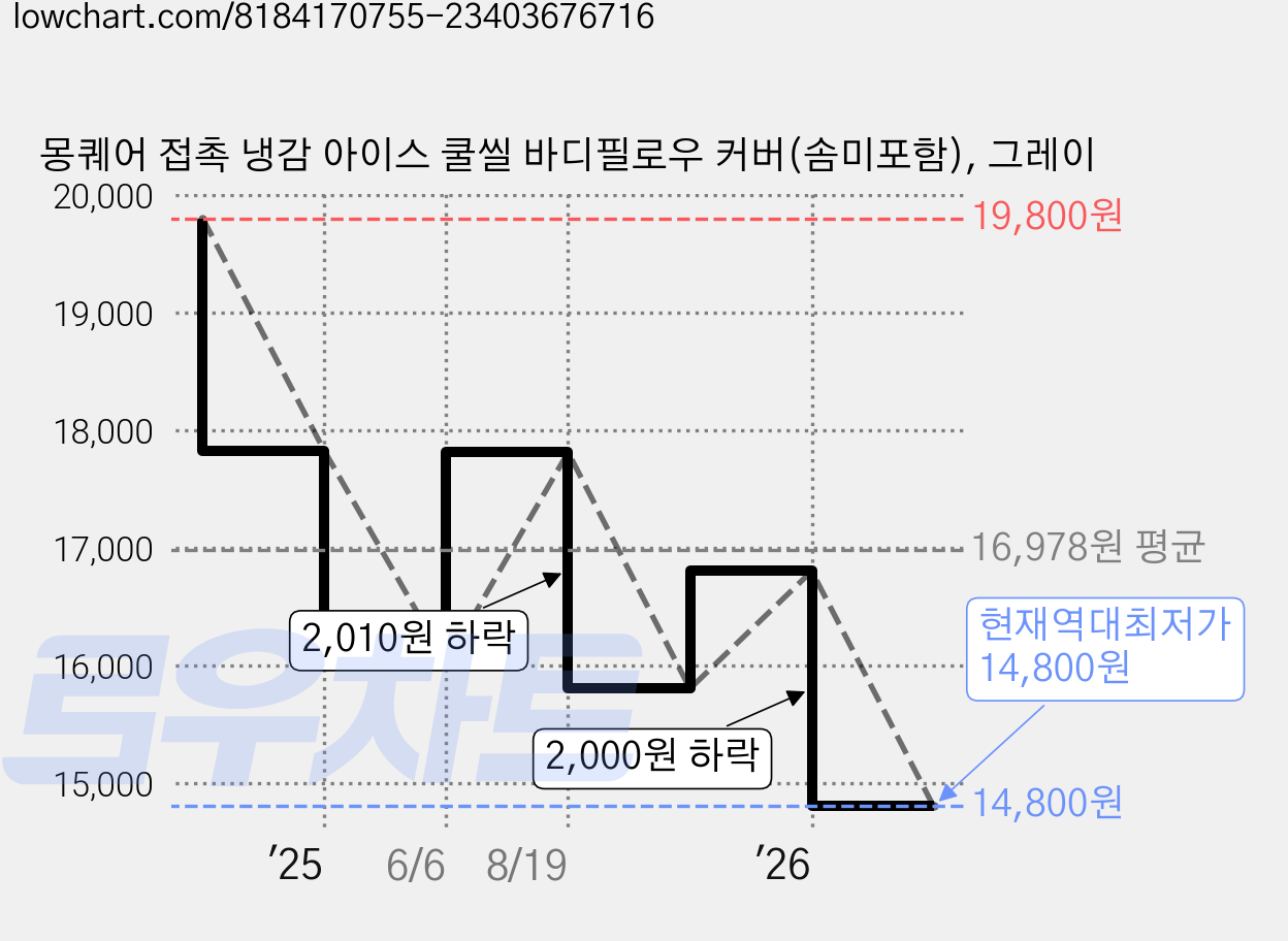 몽퀘어 접촉 냉감 아이스 쿨씰 바디필로우 커버(솜미포함), 그레이 가격 변동 차트, 현재가 14,800원, 역대최저가