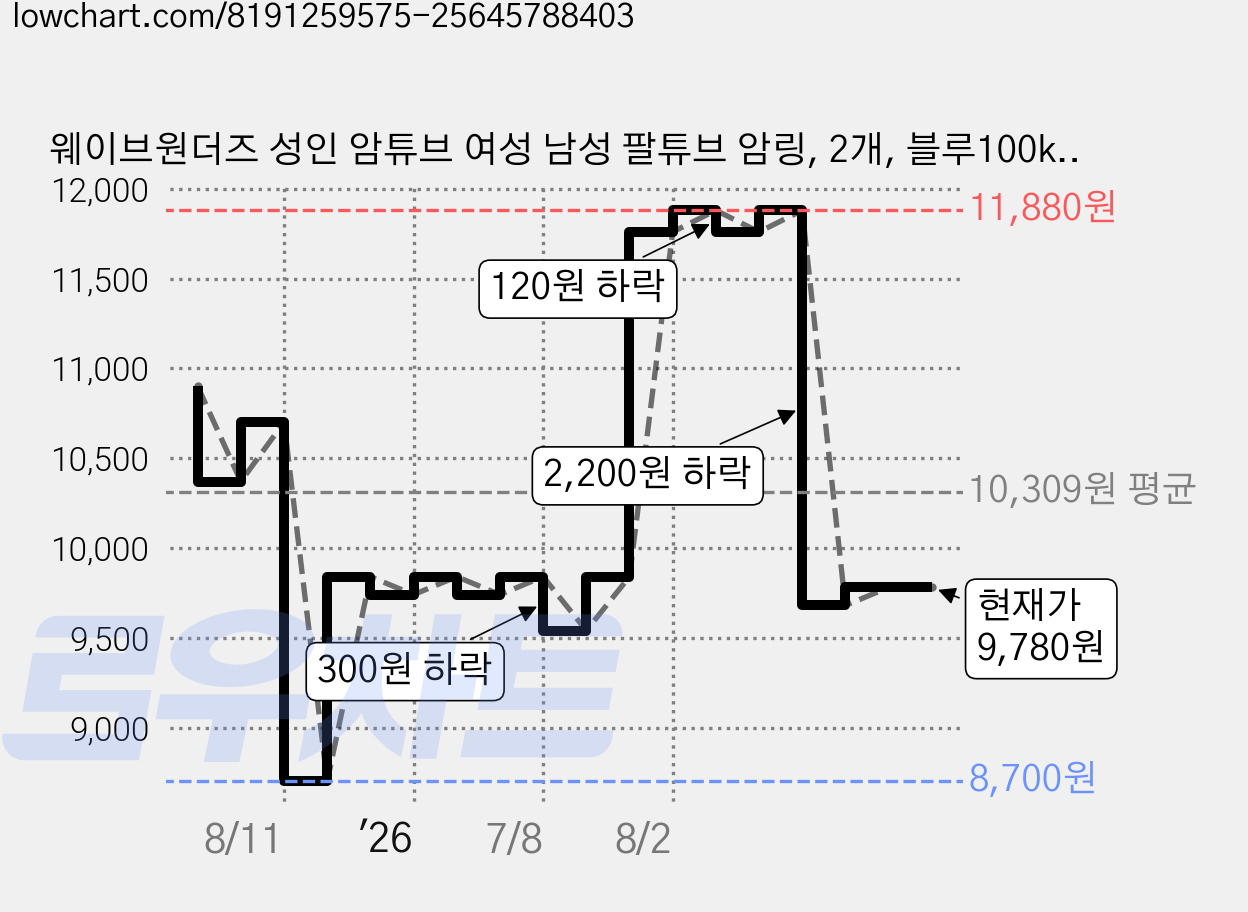 웨이브원더즈 성인 암튜브 여성 남성 팔튜브 암링, 2개, 블루100kg 가격 변동 차트, 현재가 9,780원, 관측 최저가 8,540원