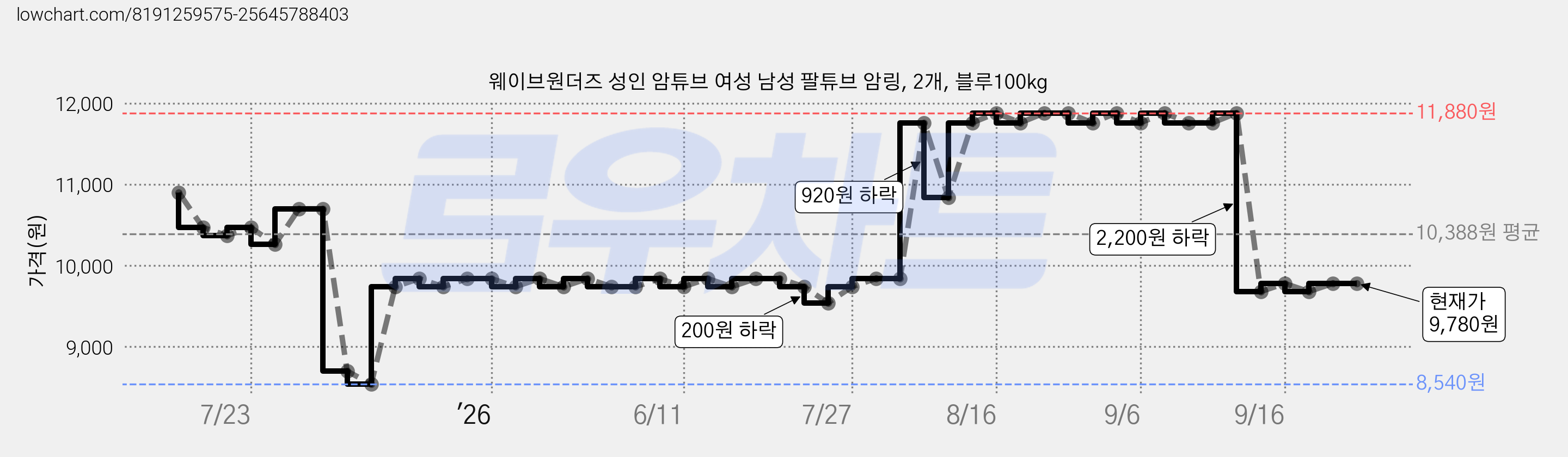 웨이브원더즈 성인 암튜브 여성 남성 팔튜브 암링, 2개, 블루100kg 가격 변동 차트, 현재가 9,780원, 관측 최저가 8,540원
