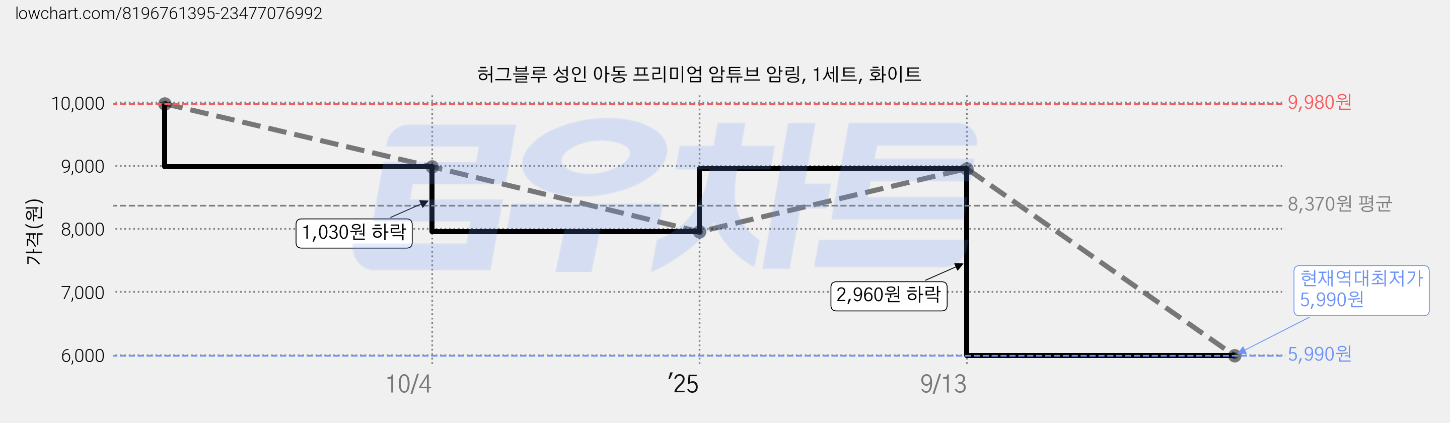 허그블루 성인 아동 프리미엄 암튜브 암링, 1세트, 화이트 가격 변동 차트, 현재가 5,990원, 역대최저가