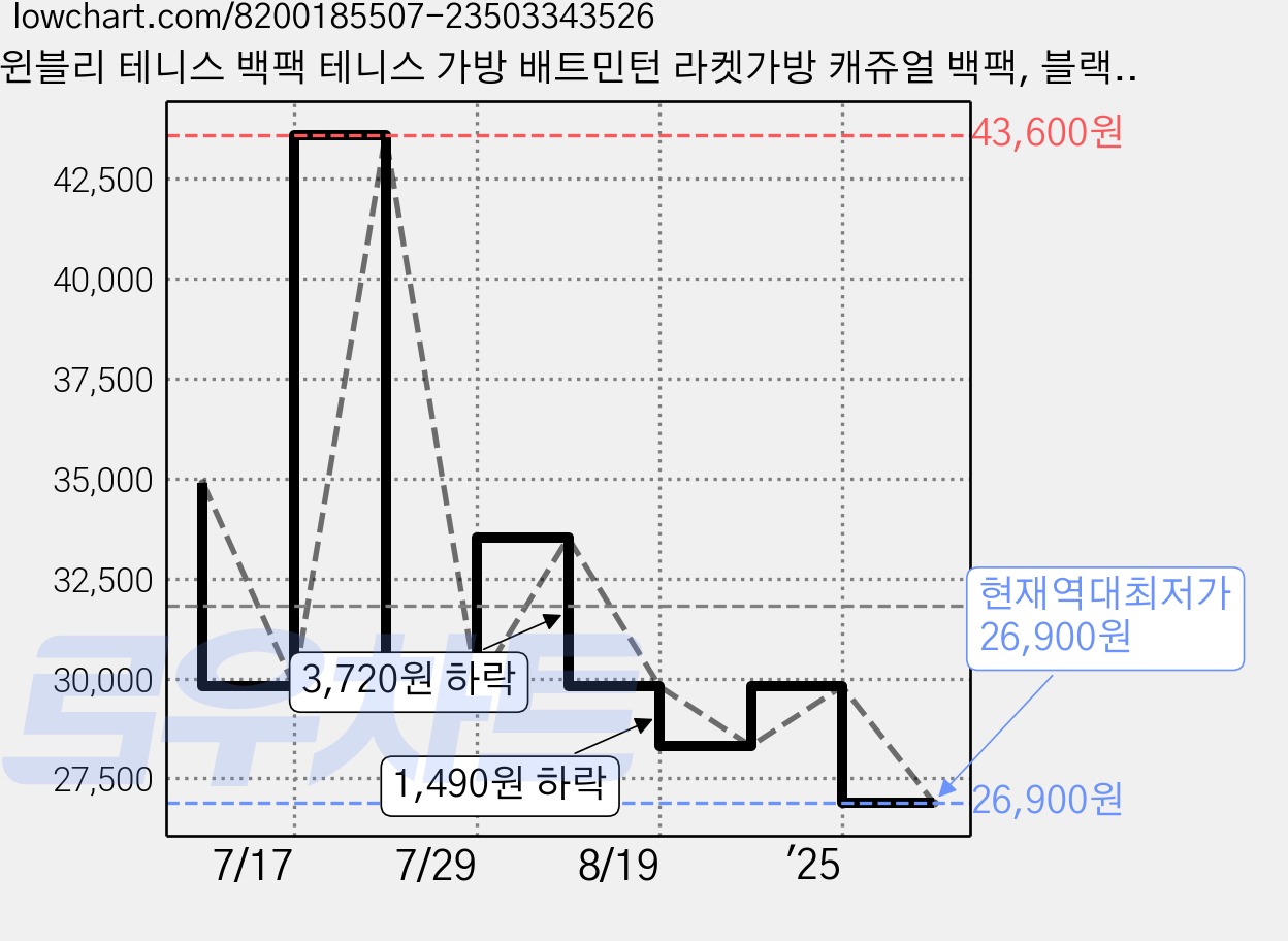 윈블리 테니스 백팩 테니스 가방 배트민턴 라켓가방 캐쥬얼 백팩, 블랙, 1개 가격 변동 차트, 현재가 26,900원, 역대최저가