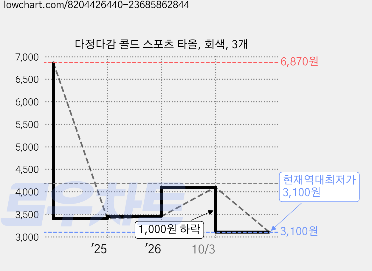 다정다감 콜드 스포츠 타올, 회색, 3개 가격 변동 차트, 현재가 3,100원, 역대최저가