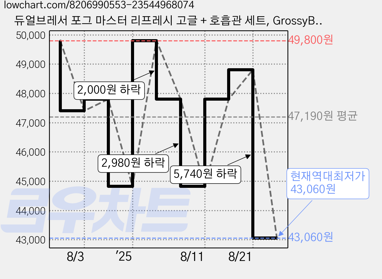 듀얼브레서 포그 마스터 리프레시 고글 + 호흡관 세트, GrossyBlack 가격 변동 차트, 현재가 43,060원, 역대최저가