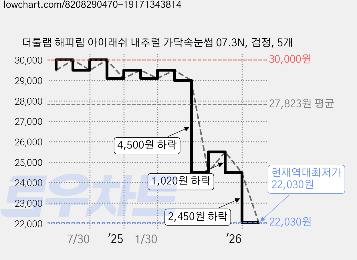 더툴랩 해피림 아이래쉬 내추럴 가닥속눈썹 07.3N, 검정, 5개 가격 변동 차트, 현재가 22,030원, 역대최저가