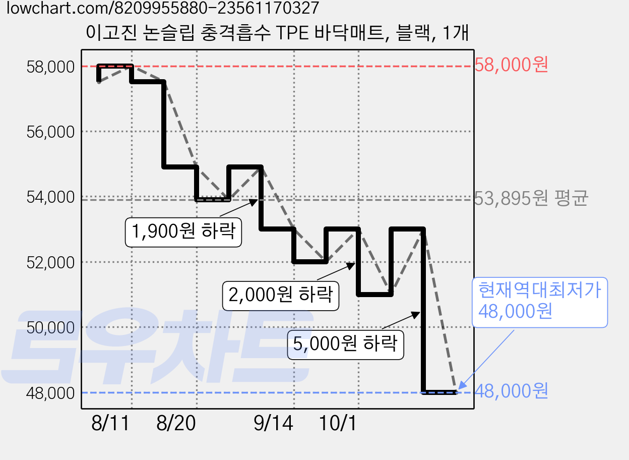 이고진 논슬립 충격흡수 TPE 바닥매트, 블랙, 1개 가격 변동 차트, 현재가 48,000원, 역대최저가