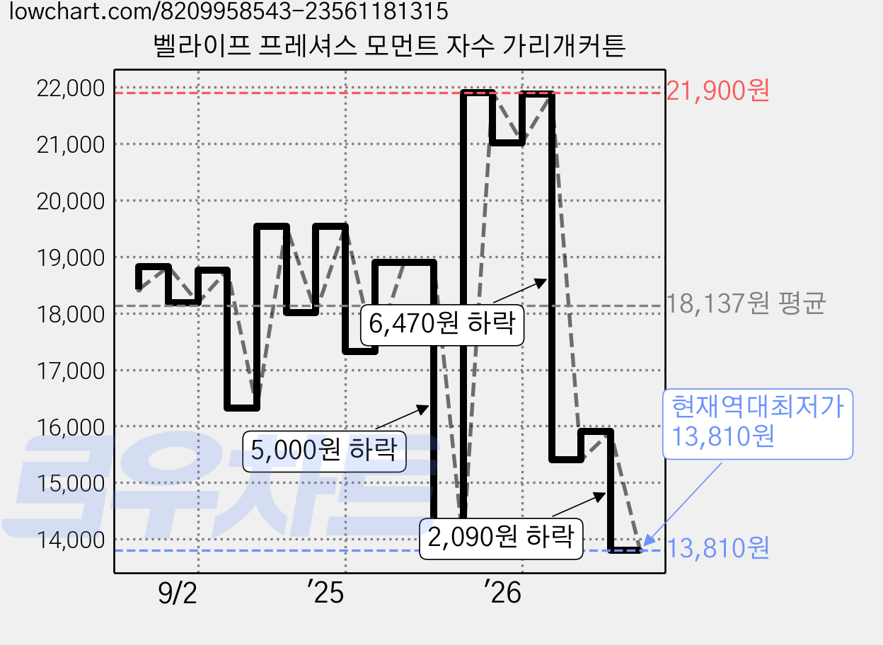 벨라이프 프레셔스 모먼트 자수 가리개커튼 가격 변동 차트, 현재가 13,810원, 역대최저가