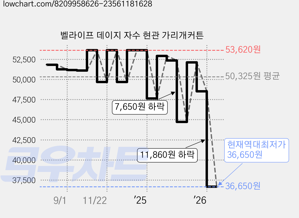 벨라이프 데이지 자수 현관 가리개커튼 가격 변동 차트, 현재가 36,650원, 역대최저가