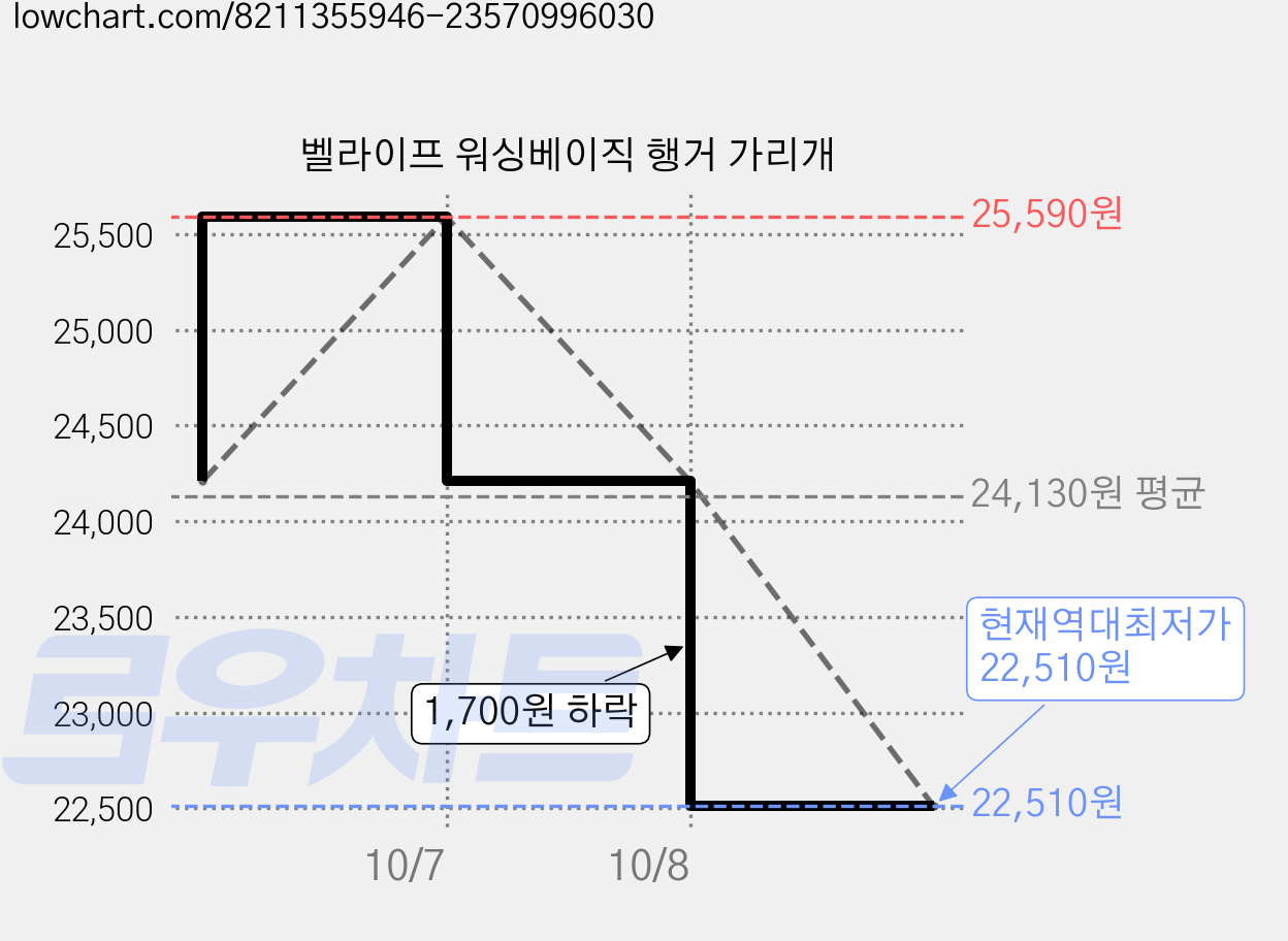 벨라이프 워싱베이직 행거 가리개 가격 변동 차트, 현재가 22,510원, 역대최저가