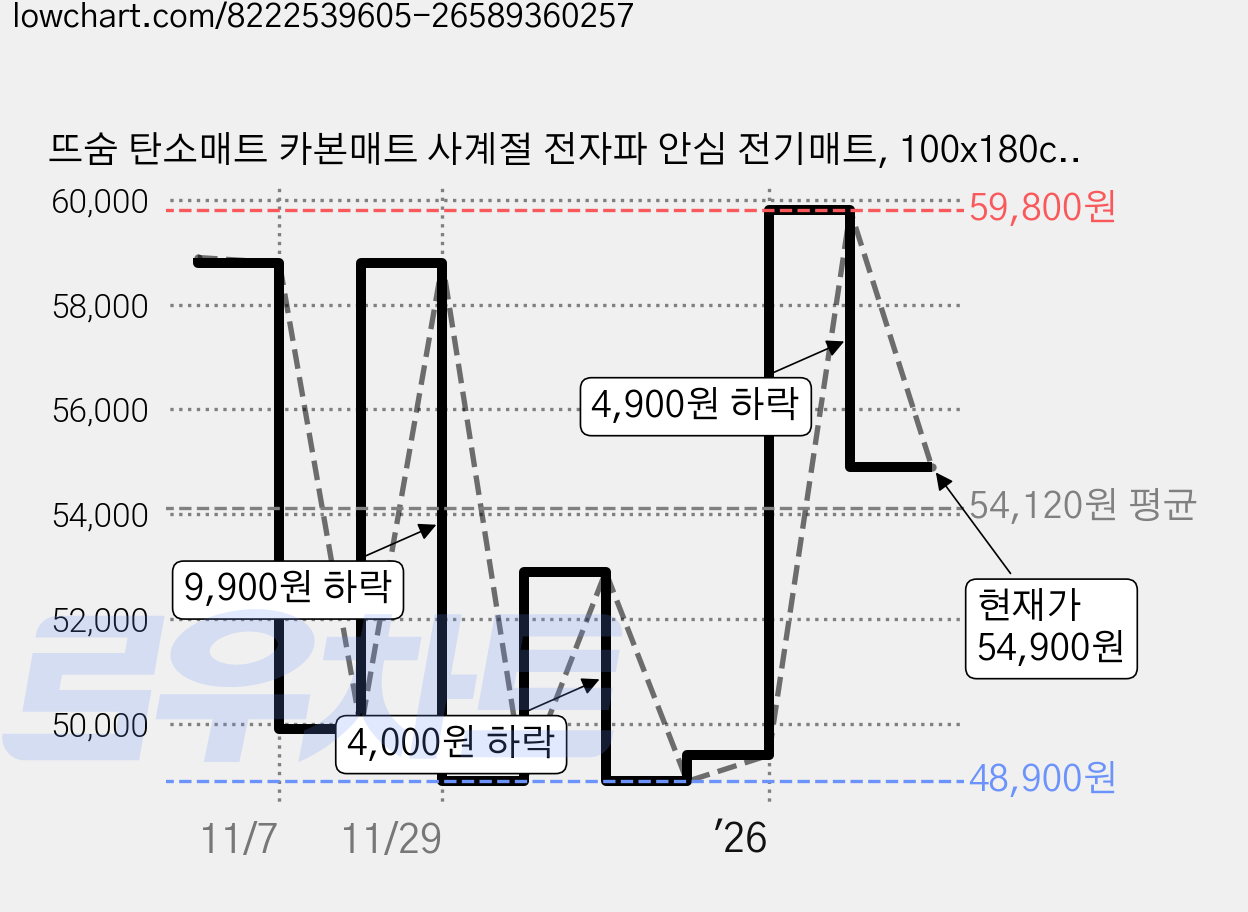 뜨숨 탄소매트 카본매트 사계절 전자파 안심 전기매트, 100x180cm 싱글 베이지 가격 변동 차트, 현재가 54,900원, 관측 최저가 48,900원