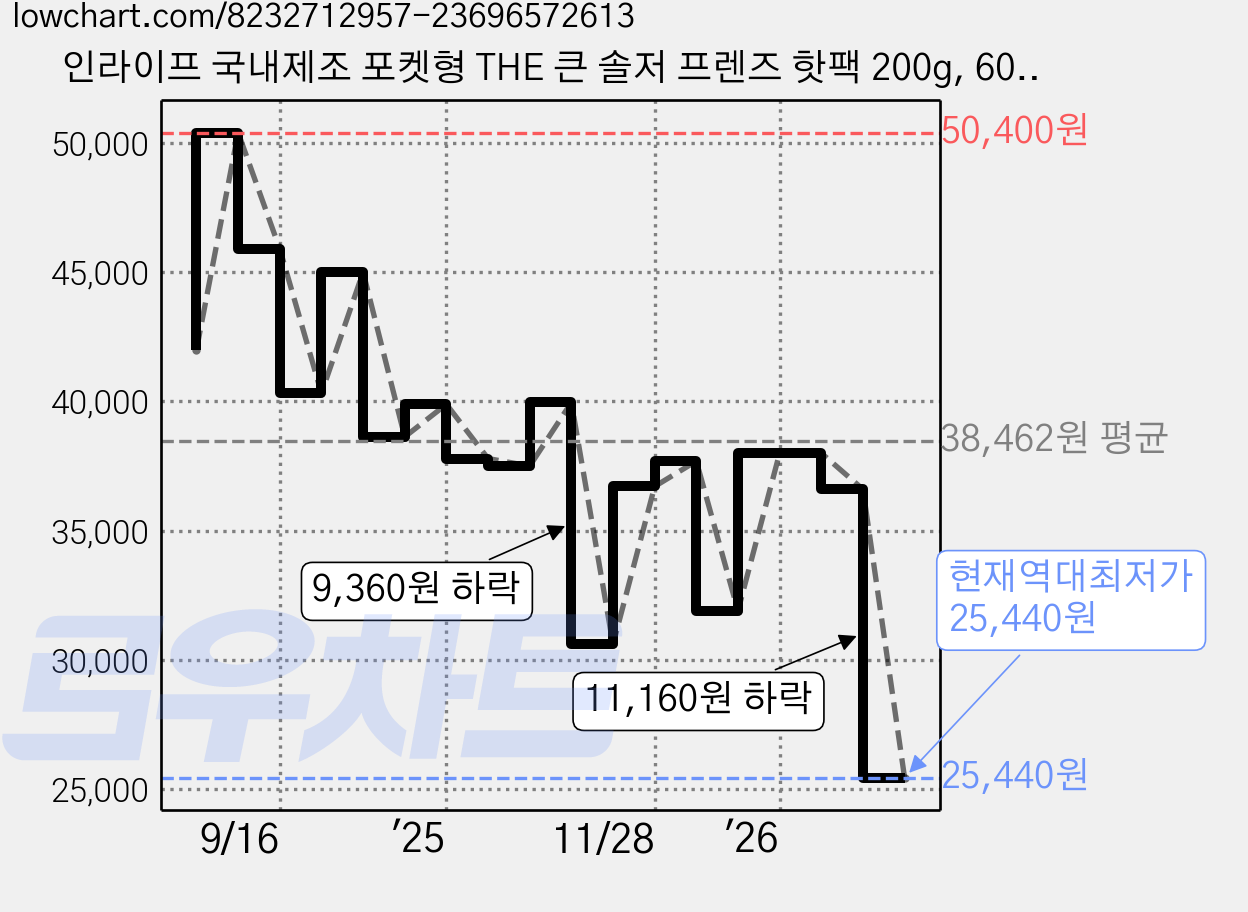 인라이프 국내제조 포켓형 THE 큰 솔저 프렌즈 핫팩 200g, 60개 가격 변동 차트, 현재가 25,440원, 역대최저가