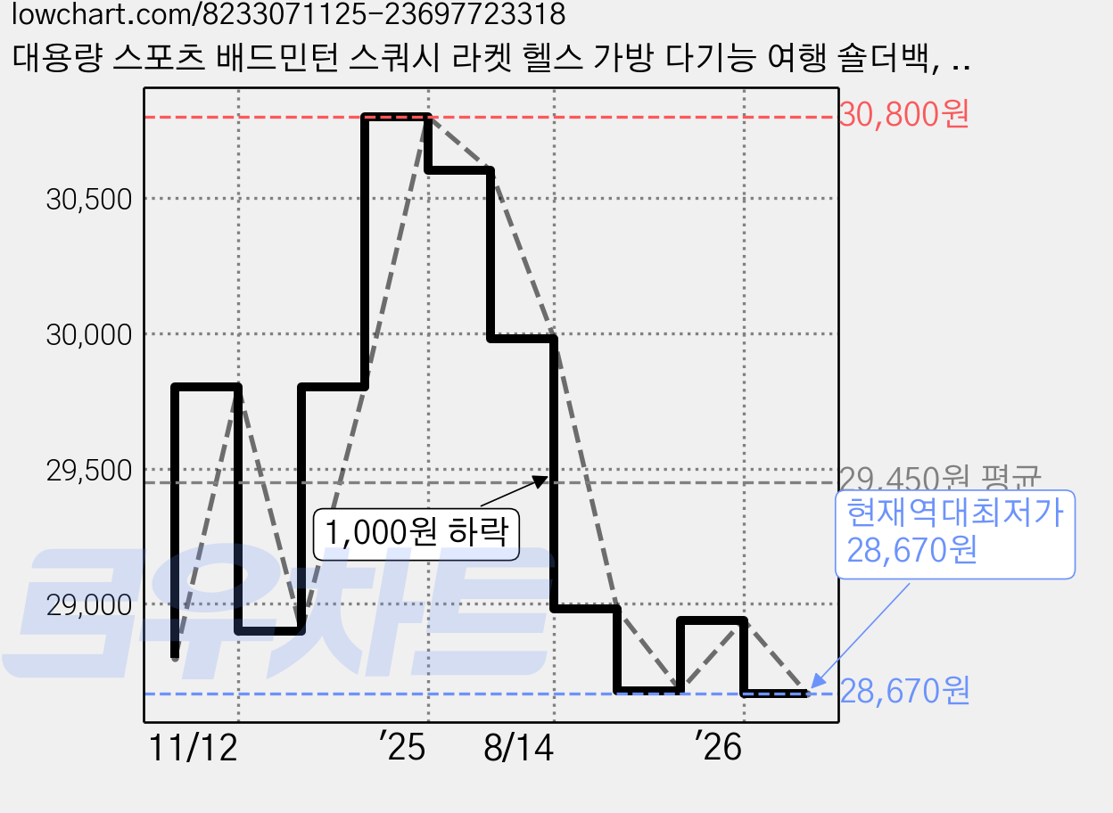 대용량 스포츠 배드민턴 스쿼시 라켓 헬스 가방 다기능 여행 숄더백, 연브라운, 1개 가격 변동 차트, 현재가 28,670원, 역대최저가