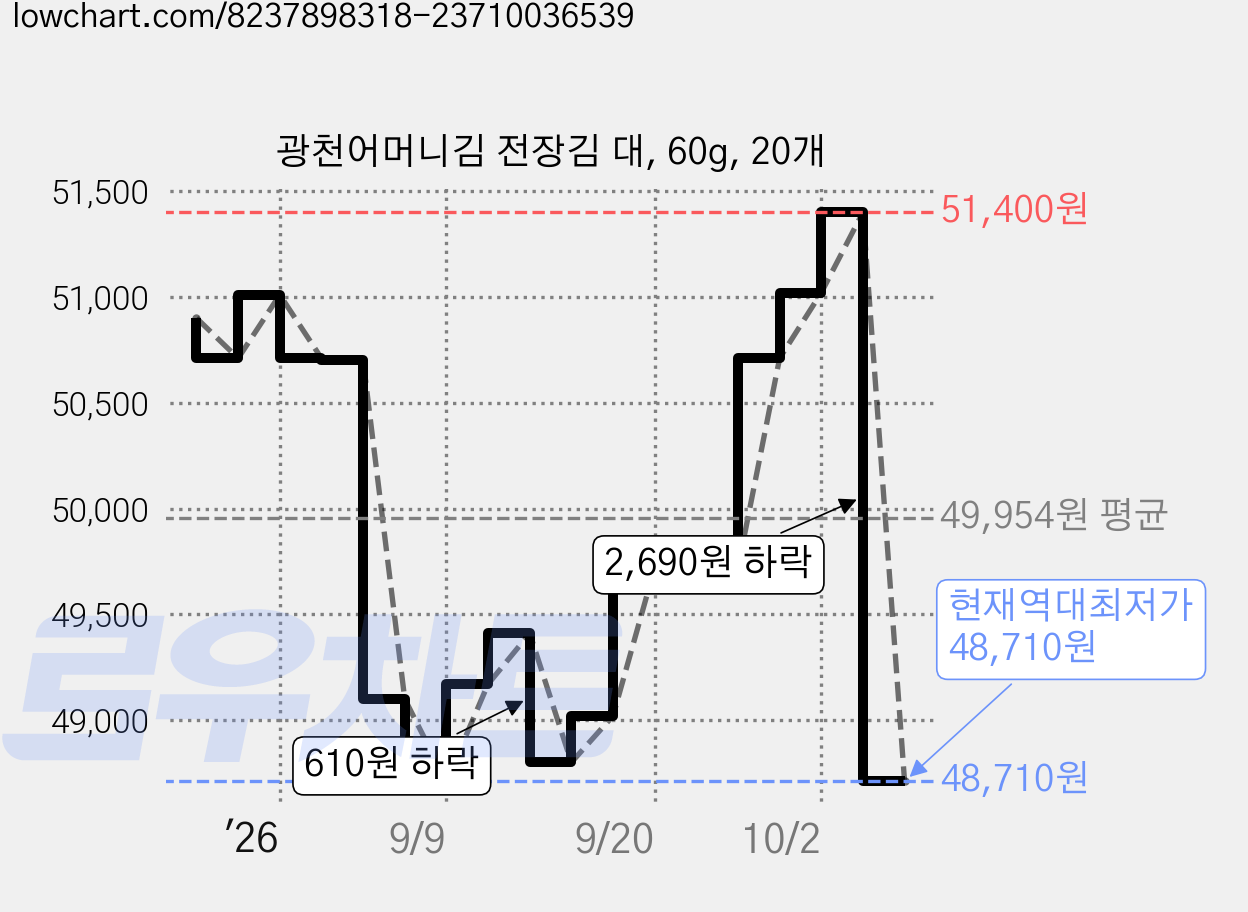 광천어머니김 전장김 대, 60g, 20개 가격 변동 차트, 현재가 48,710원, 역대최저가
