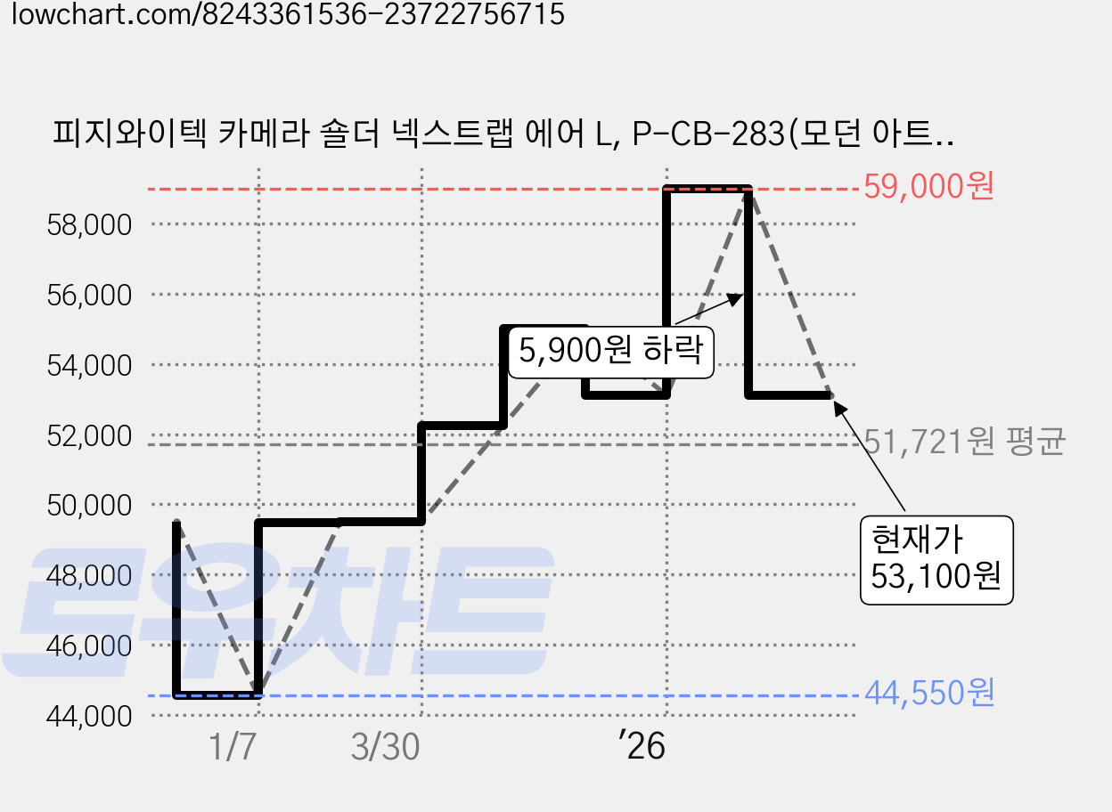 피지와이텍 카메라 숄더 넥스트랩 에어 L, P-CB-283(모던 아트), 1개 가격 변동 차트, 현재가 53,100원, 관측 최저가 44,550원