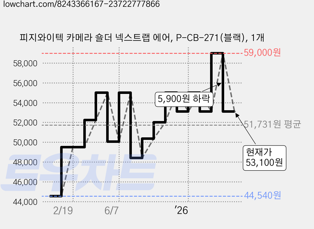 피지와이텍 카메라 숄더 넥스트랩 에어, P-CB-271(블랙), 1개 가격 변동 차트, 현재가 53,100원, 관측 최저가 44,540원