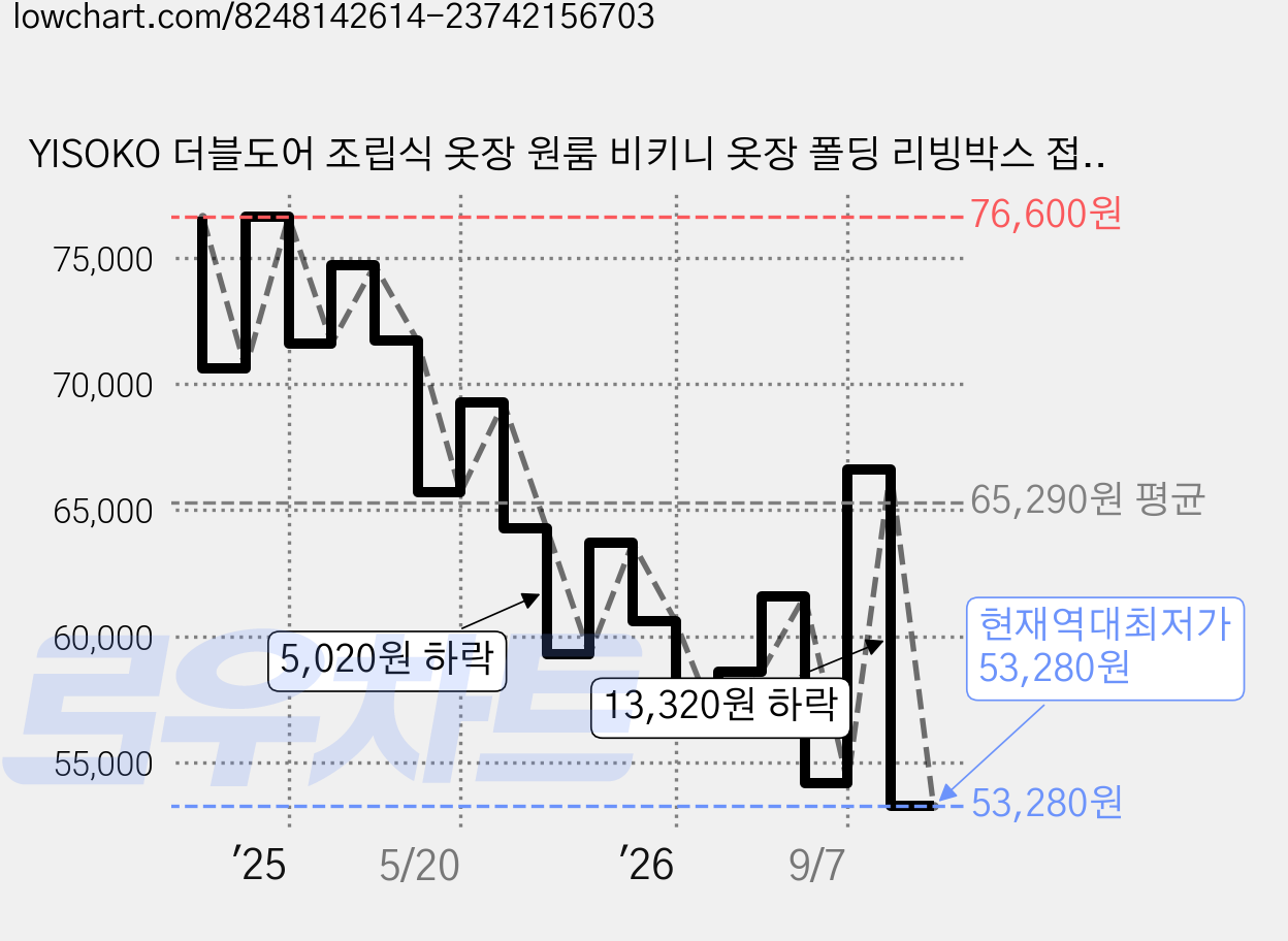 YISOKO 더블도어 조립식 옷장 원룸 비키니 옷장 폴딩 리빙박스 접이식 옷장 대용량 수납장, 1단 옷장+1단 수납장(65cm*40cm*110cm) 가격 변동 차트, 현재가 53,280원, 역대최저가