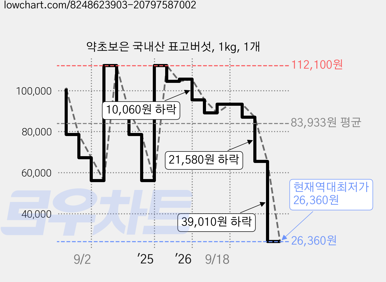 약초보은 국내산 표고버섯, 1kg, 1개 가격 변동 차트, 현재가 26,360원, 역대최저가