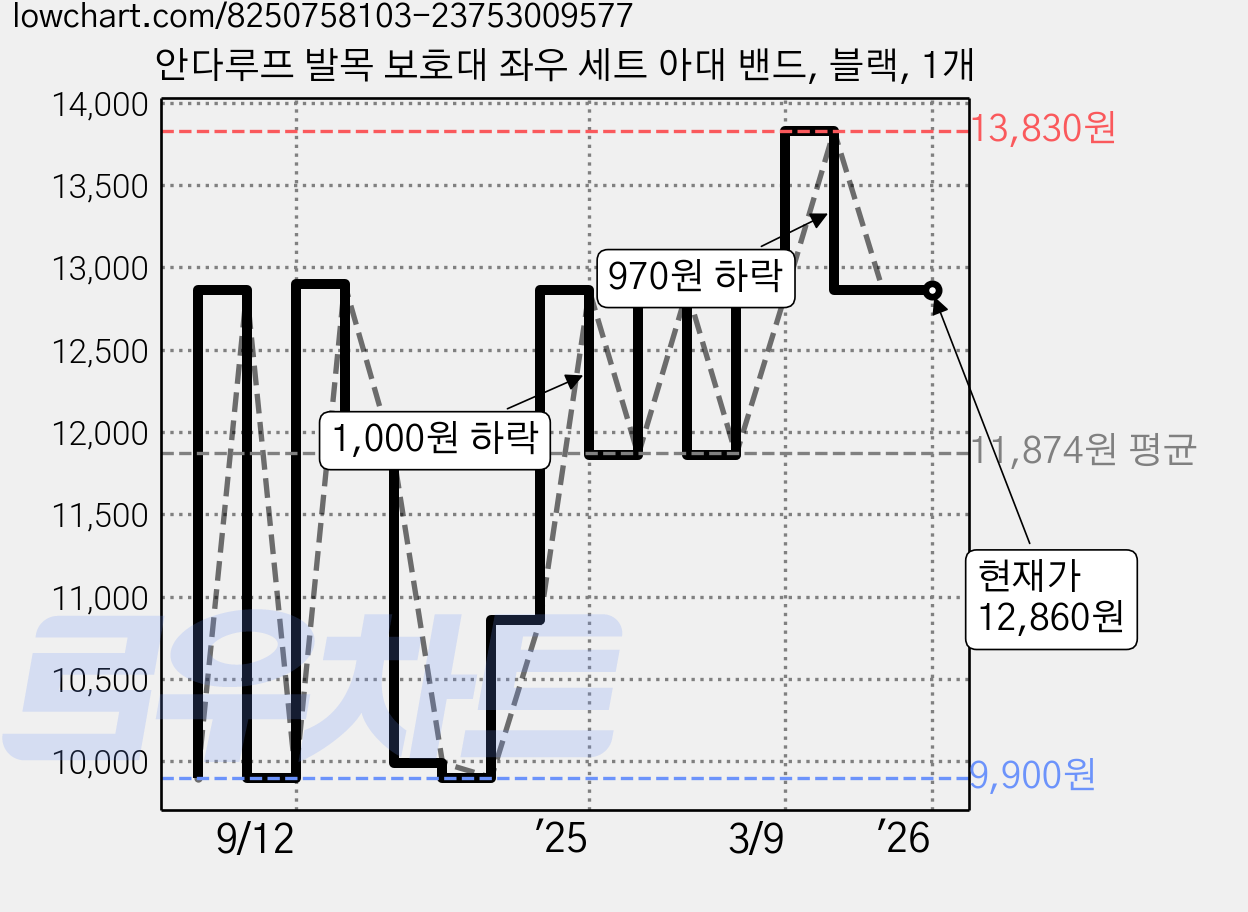 안다루프 발목 보호대 좌우 세트 아대 밴드, 블랙, 1개 가격 변동 차트, 현재가 12,860원, 역대최저가