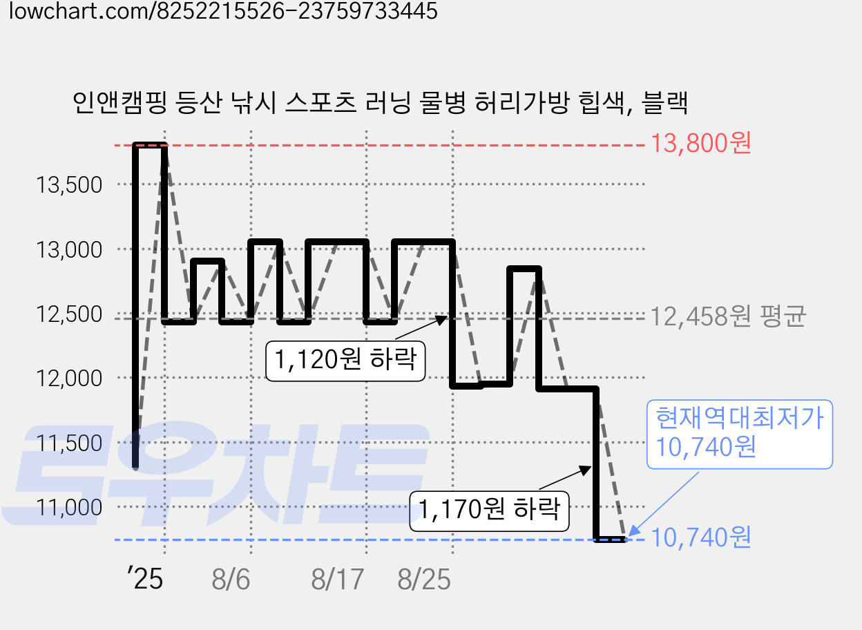 인앤캠핑 등산 낚시 스포츠 러닝 물병 허리가방 힙색, 블랙 가격 변동 차트, 현재가 10,740원, 역대최저가