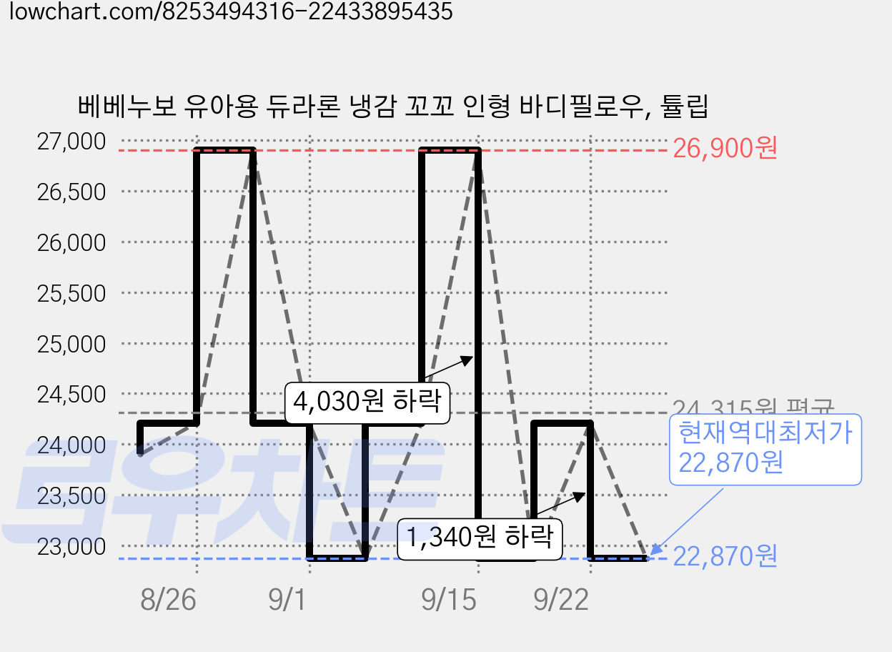 베베누보 유아용 듀라론 냉감 꼬꼬 인형 바디필로우, 튤립 가격 변동 차트, 현재가 22,870원, 역대최저가