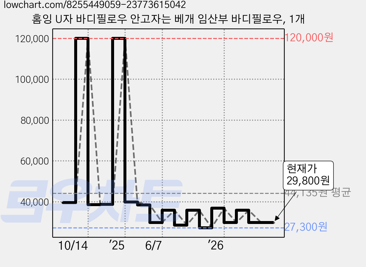 홈잉 U자 바디필로우 안고자는 베개 임산부 바디필로우, 1개 가격 변동 차트, 현재가 29,800원, 관측 최저가 27,300원