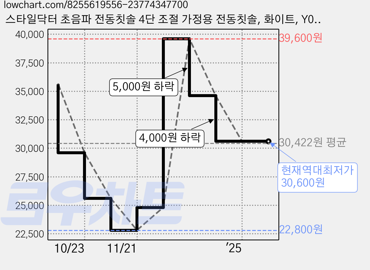 스타일닥터 초음파 전동칫솔 4단 조절 가정용 전동칫솔, 화이트, Y06-2000mAh, 1개 가격 변동 차트, 현재가 30,600원, 역대최저가