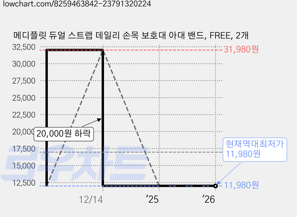 메디플릿 듀얼 스트랩 데일리 손목 보호대 아대 밴드, FREE, 2개 가격 변동 차트, 현재가 11,980원, 역대최저가