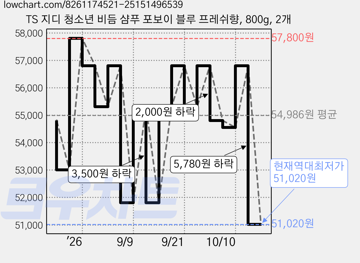 TS 지디 청소년 비듬 샴푸 포보이 블루 프레쉬향, 800g, 2개 가격 변동 차트, 현재가 51,020원, 역대최저가