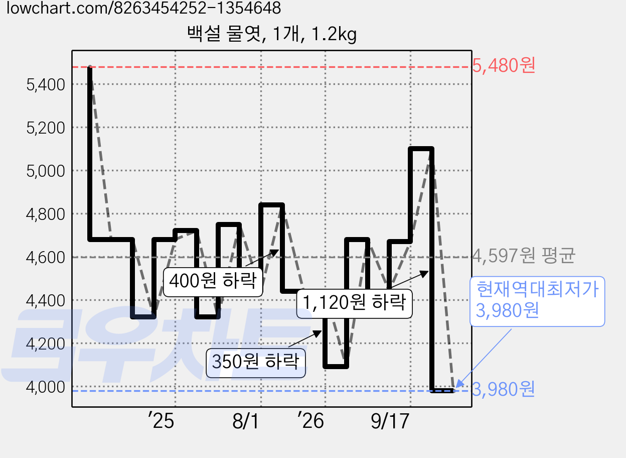 백설 물엿, 1개, 1.2kg 가격 변동 차트, 현재가 3,980원, 역대최저가