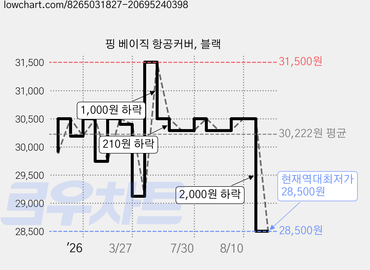 핑 베이직 항공커버, 블랙 가격 변동 차트, 현재가 28,500원, 역대최저가