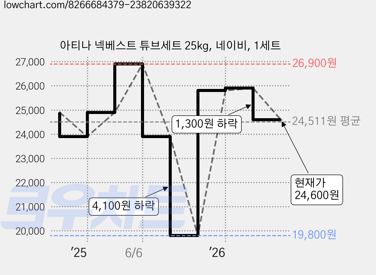 아티나 넥베스트 튜브세트 25kg, 네이비, 1세트 가격 변동 차트, 현재가 24,600원, 관측 최저가 19,800원