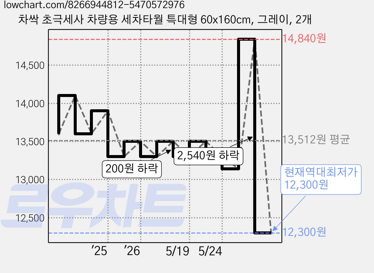 차싹 초극세사 차량용 세차타월 특대형 60x160cm, 그레이, 2개 가격 변동 차트, 현재가 12,300원, 역대최저가