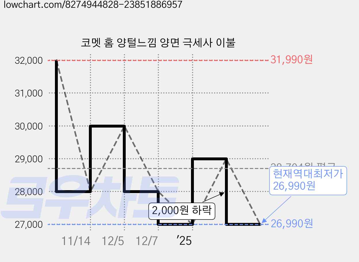 코멧 홈 양털느낌 양면 극세사 이불 가격 변동 차트, 현재가 26,990원, 역대최저가