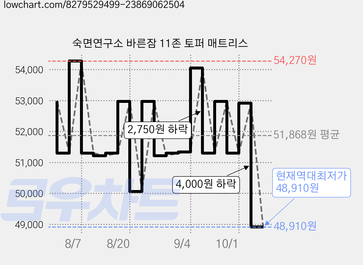 숙면연구소 바른잠 11존 토퍼 매트리스 가격 변동 차트, 현재가 48,910원, 역대최저가