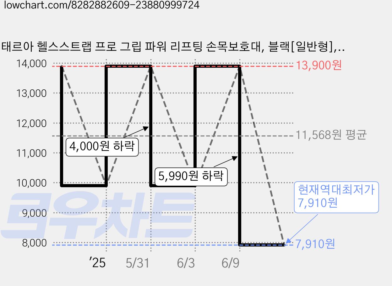 태르아 헬스스트랩 프로 그립 파워 리프팅 손목보호대, 블랙[일반형], 1세트 가격 변동 차트, 현재가 7,910원, 역대최저가
