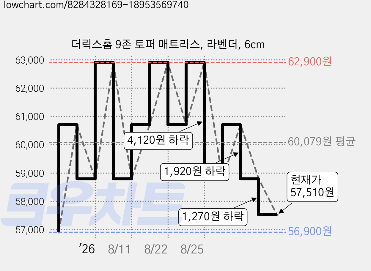 더릭스홈 9존 토퍼 매트리스, 라벤더, 6cm 가격 변동 차트, 현재가 57,510원, 관측 최저가 56,900원