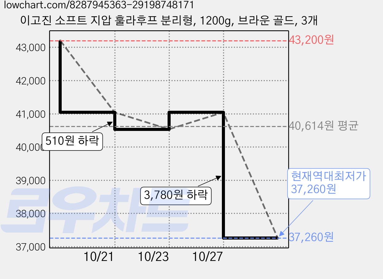 이고진 소프트 지압 훌라후프 분리형, 1200g, 브라운 골드, 3개 가격 변동 차트, 현재가 37,260원, 역대최저가
