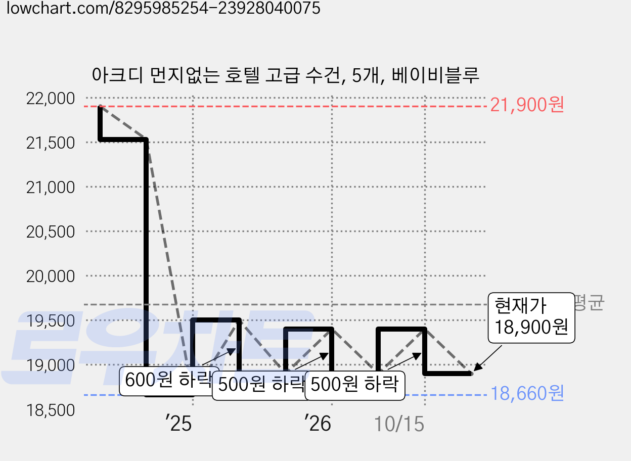 아크디 먼지없는 호텔 고급 수건, 5개, 베이비블루 가격 변동 차트, 현재가 18,900원, 관측 최저가 18,660원