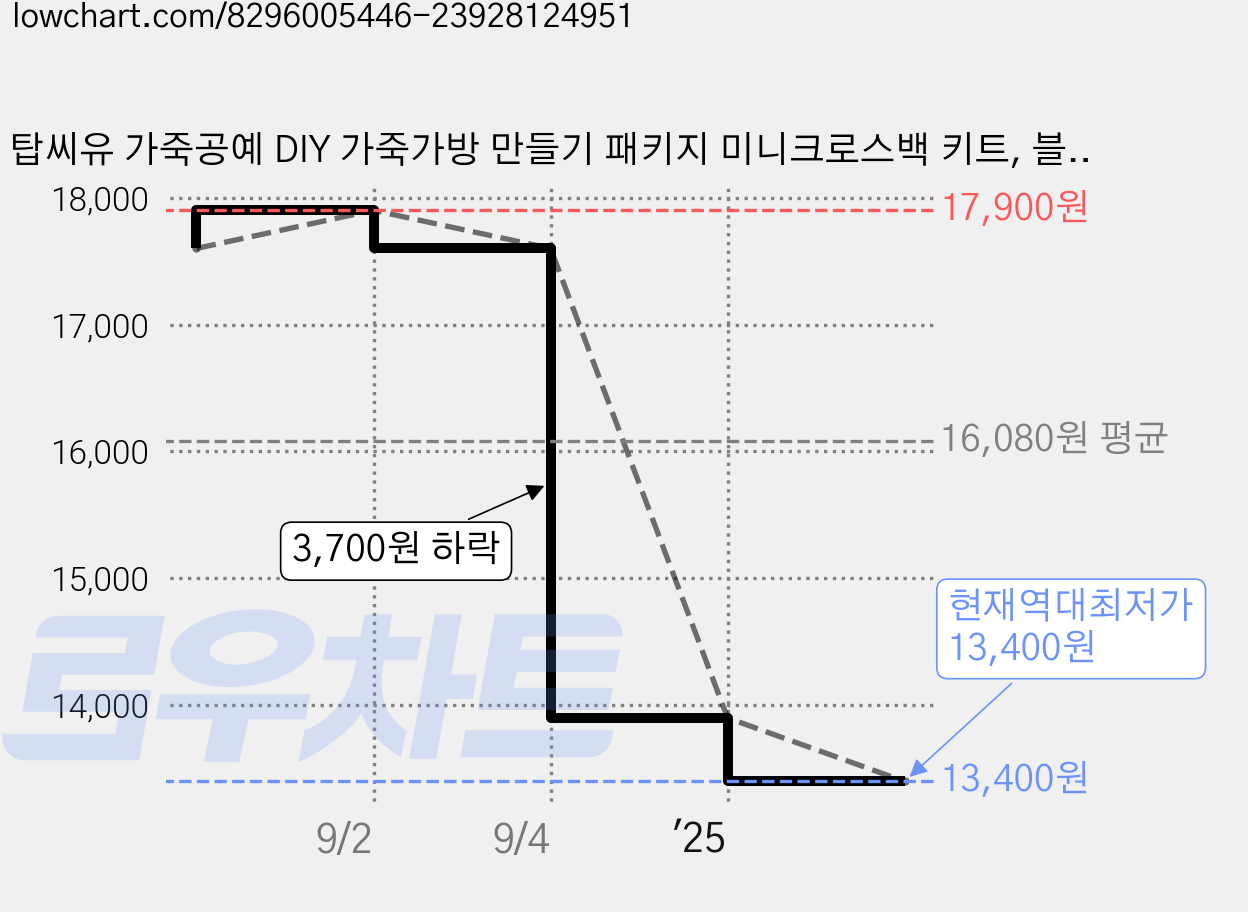 탑씨유 가죽공예 DIY 가죽가방 만들기 패키지 미니크로스백 키트, 블랙, 1세트 가격 변동 차트, 현재가 13,400원, 역대최저가