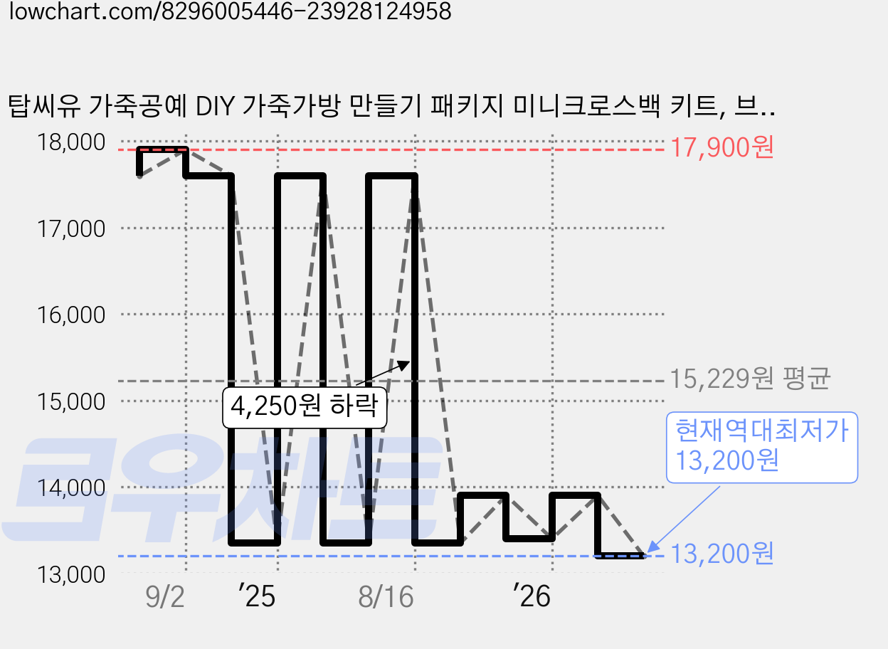 탑씨유 가죽공예 DIY 가죽가방 만들기 패키지 미니크로스백 키트, 브라운, 1세트 가격 변동 차트, 현재가 13,200원, 역대최저가