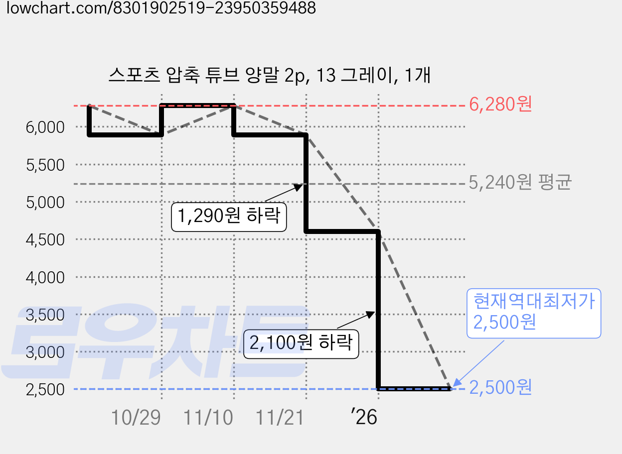 스포츠 압축 튜브 양말 2p, 13 그레이, 1개 가격 변동 차트, 현재가 2,500원, 역대최저가