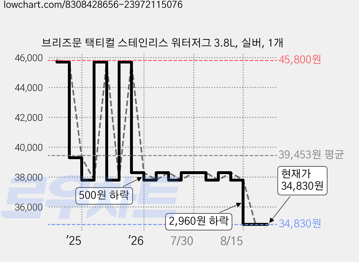 브리즈문 택티컬 스테인리스 워터저그 3.8L, 실버, 1개 가격 변동 차트, 현재가 31,300원, 역대최저가