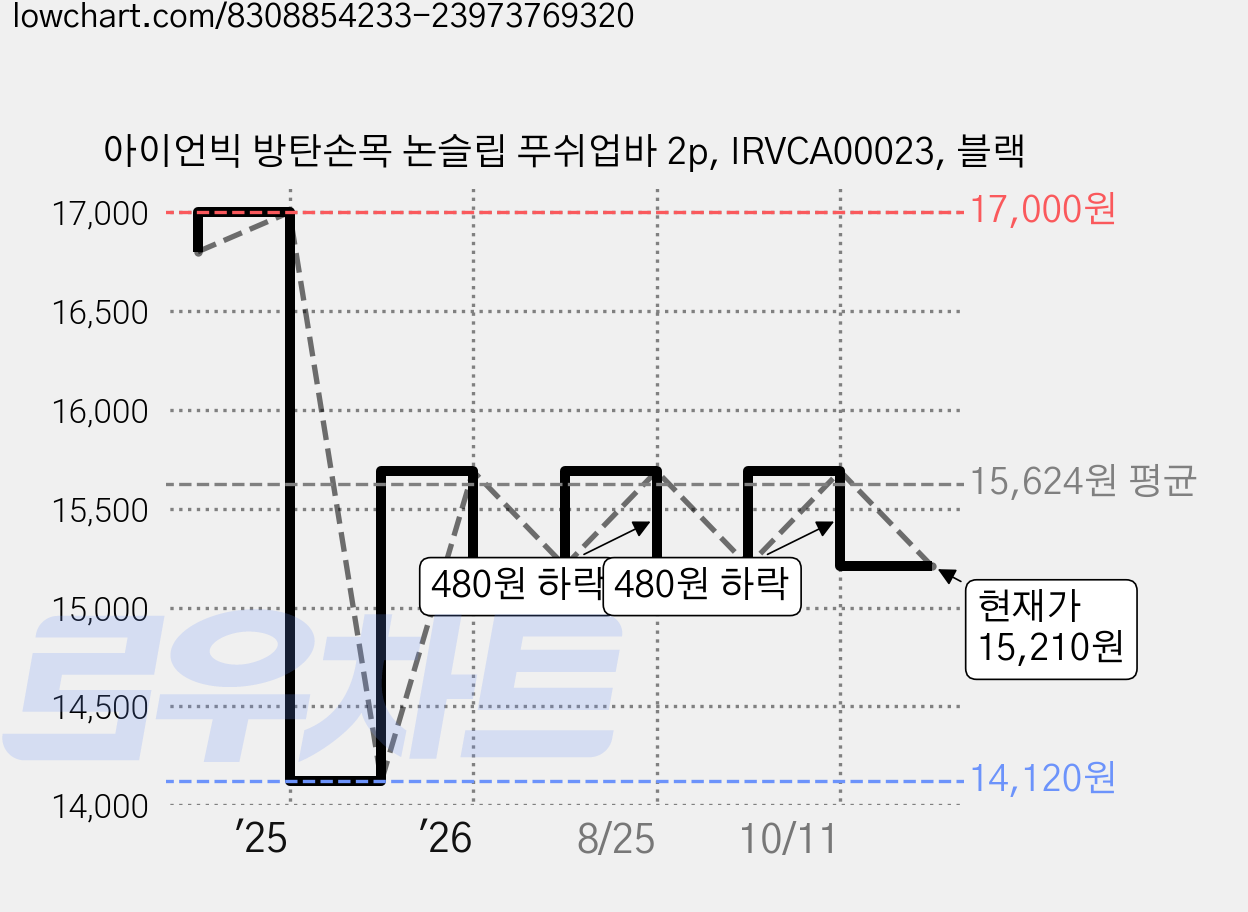 아이언빅 방탄손목 논슬립 푸쉬업바 2p, IRVCA00023, 블랙 가격 변동 차트, 현재가 15,210원, 관측 최저가 14,120원
