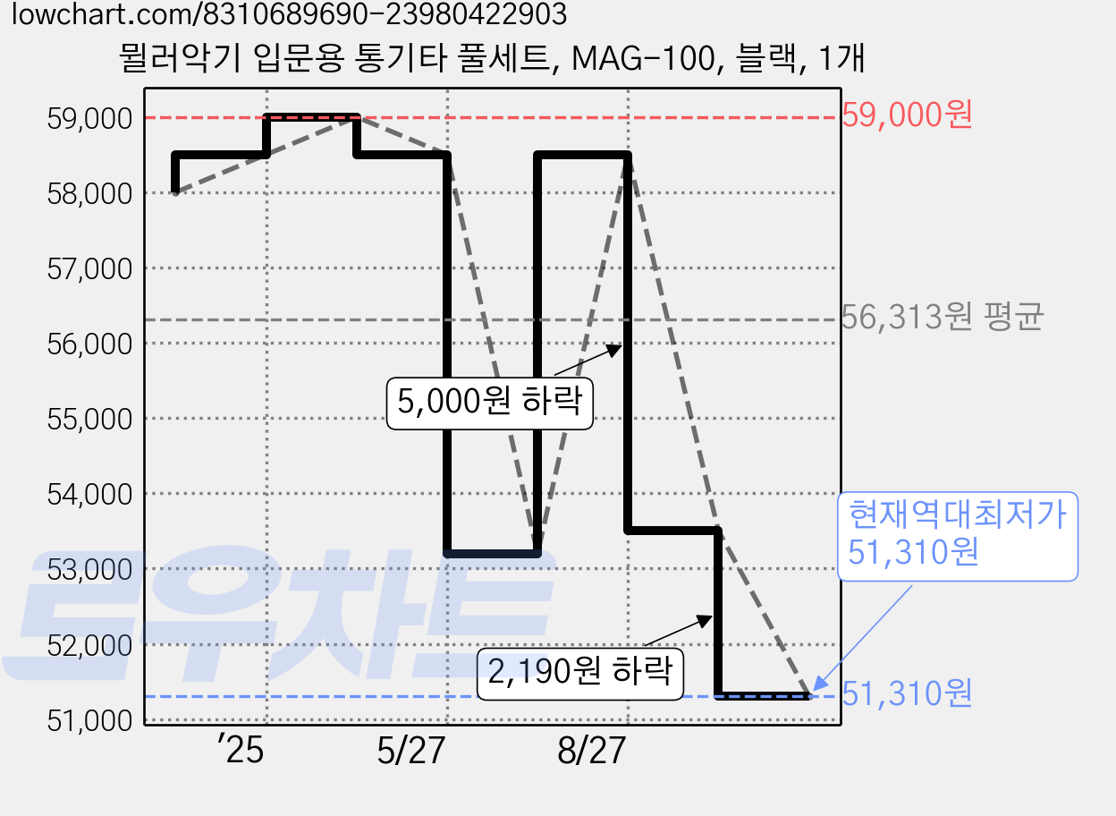 뮐러악기 입문용 통기타 풀세트, MAG-100, 블랙, 1개 가격 변동 차트, 현재가 51,310원, 역대최저가