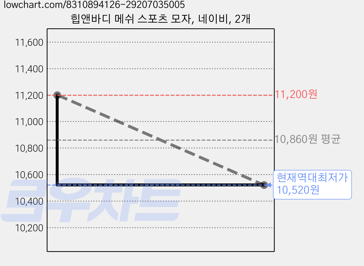 힙앤바디 메쉬 스포츠 모자, 네이비, 2개 가격 변동 차트, 현재가 10,520원, 역대최저가