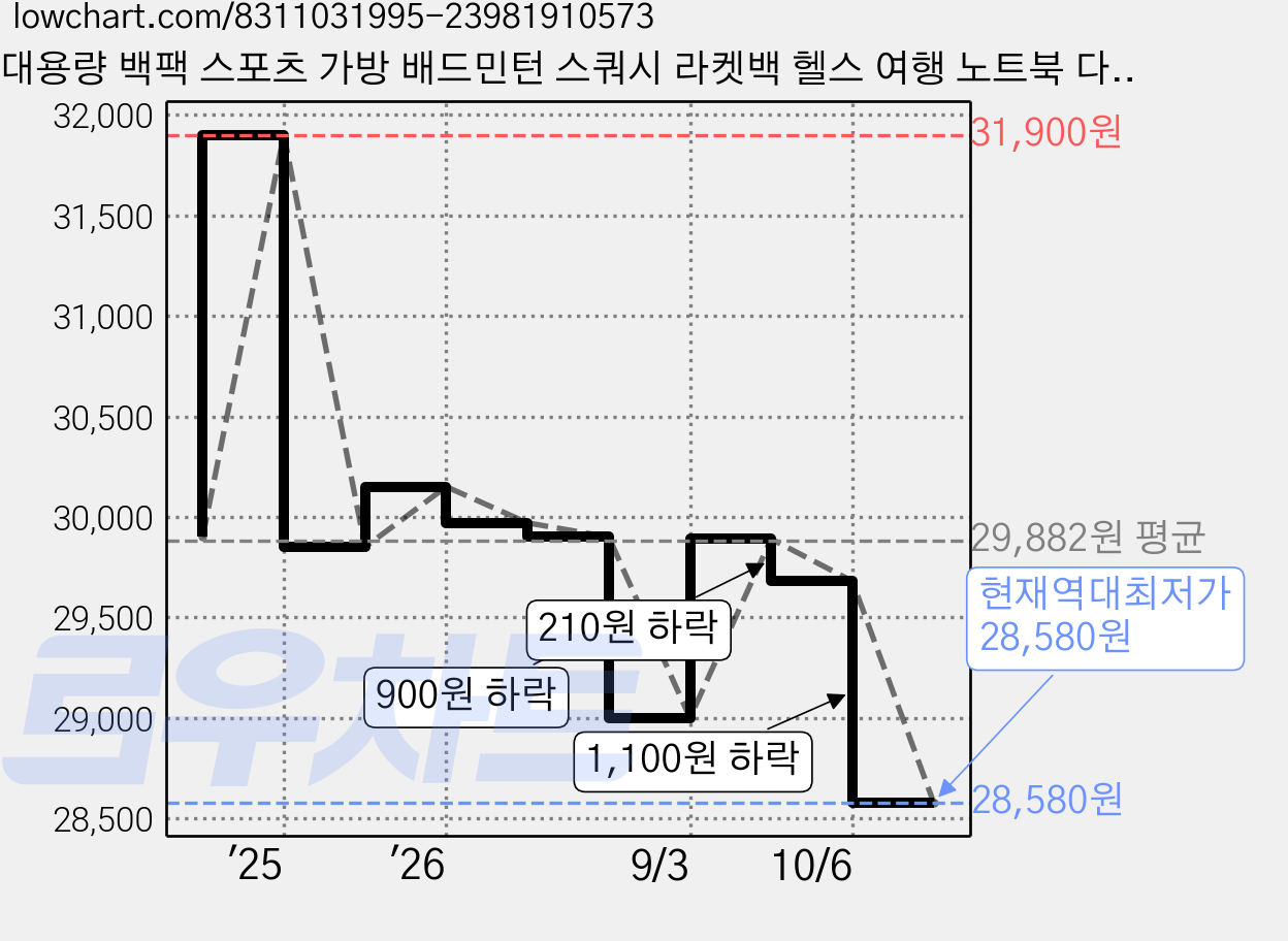 대용량 백팩 스포츠 가방 배드민턴 스쿼시 라켓백 헬스 여행 노트북 다기능 수납백, 화이트, 1개 가격 변동 차트, 현재가 28,580원, 역대최저가