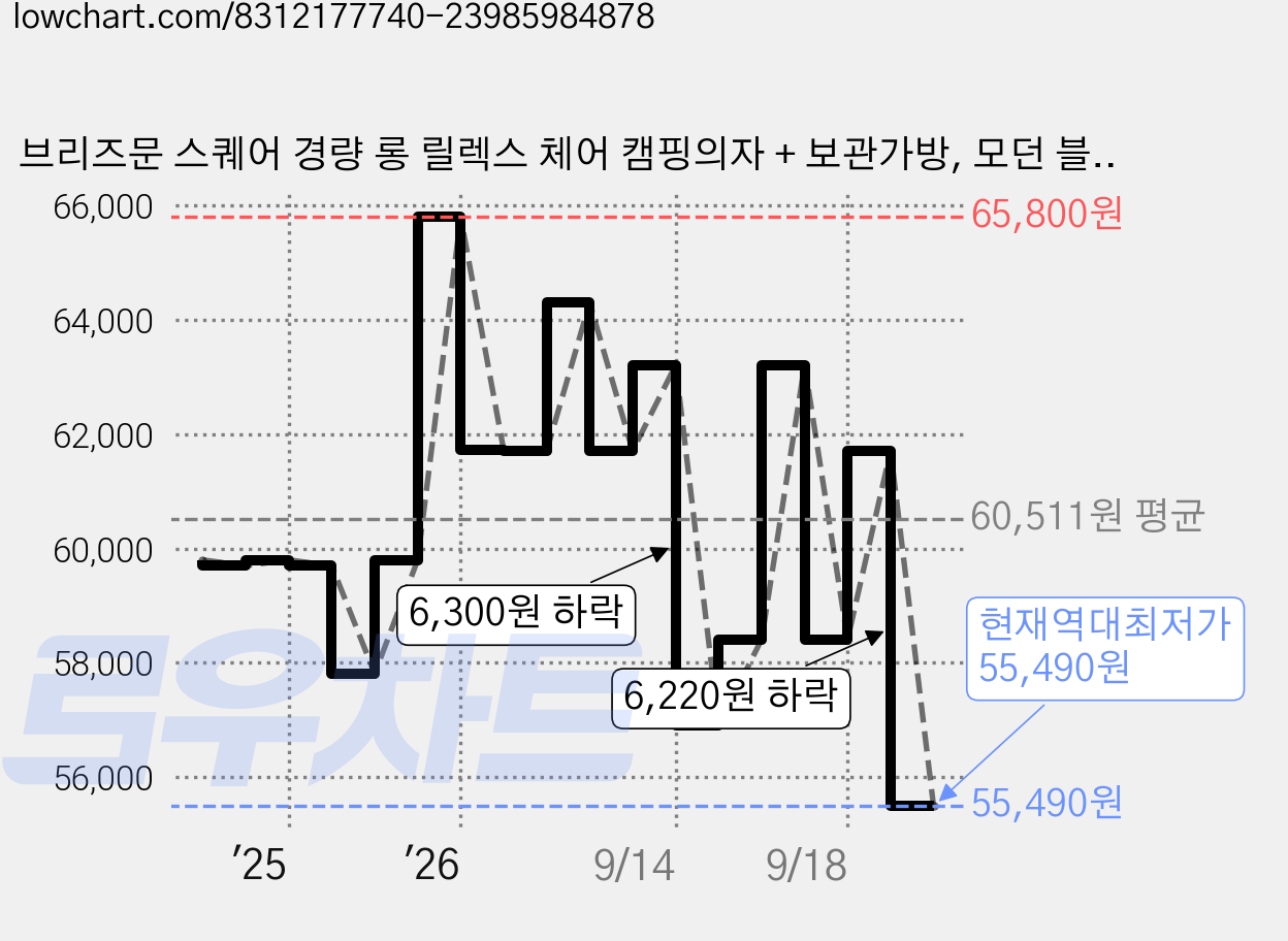 브리즈문 스퀘어 경량 롱 릴렉스 체어 캠핑의자 + 보관가방, 모던 블랙, 2세트 가격 변동 차트, 현재가 55,490원, 역대최저가