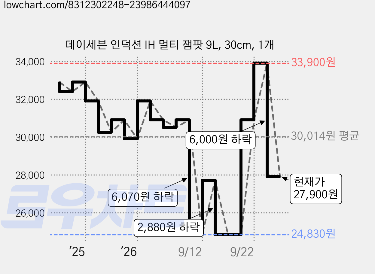 데이세븐 인덕션 IH 멀티 잼팟 9L, 30cm, 1개 가격 변동 차트, 현재가 27,900원, 관측 최저가 24,830원