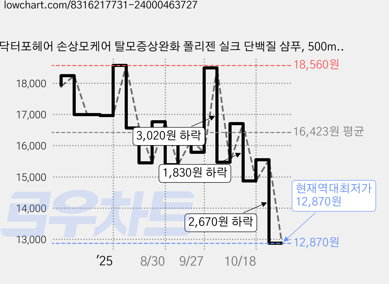 닥터포헤어 손상모케어 탈모증상완화 폴리젠 실크 단백질 샴푸, 500ml, 1개 가격 변동 차트, 현재가 12,870원, 역대최저가
